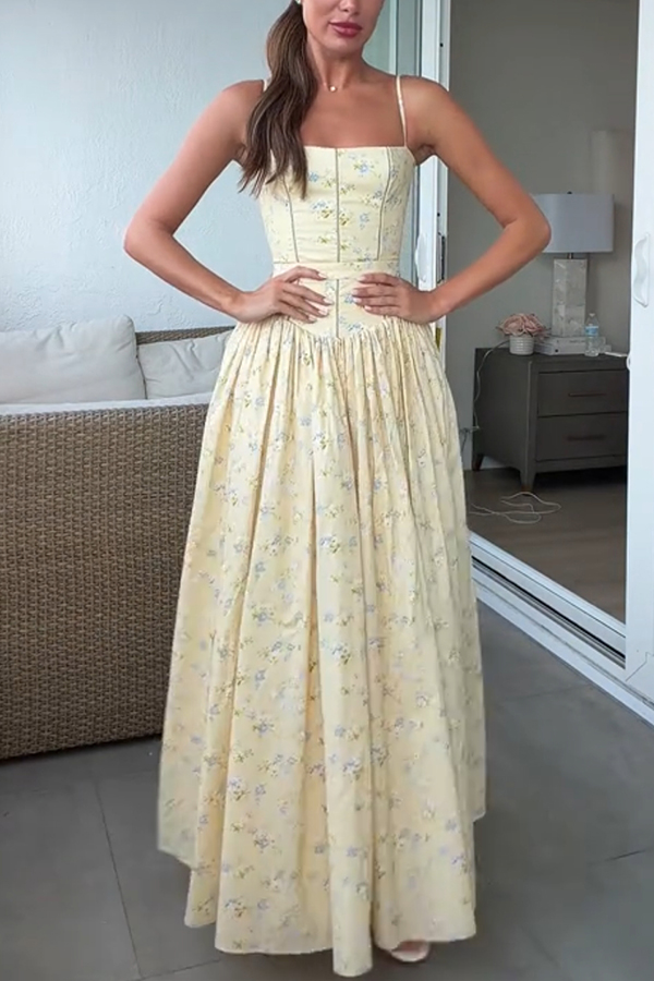 Romantic Countryside Stretch Cotton Blend Floral Print Cutout Trim Slip Midi Dress-consonak