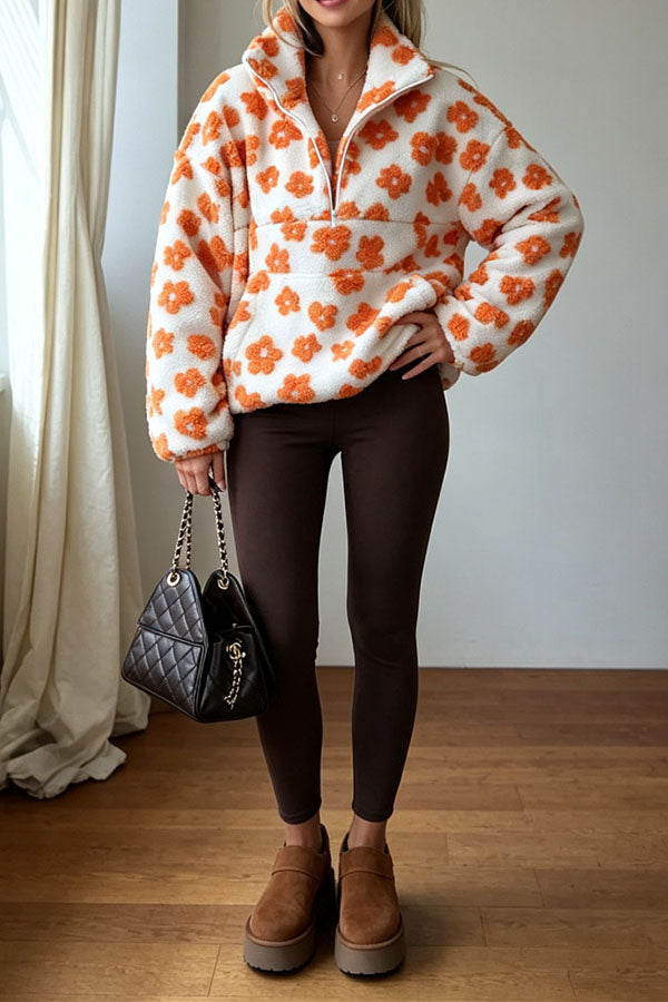 Colorblock Floral Pattern Teddy Bear Fleece Material Long Sleeve Kangaroo Pocket Zipper Sweatshirt-Consonak