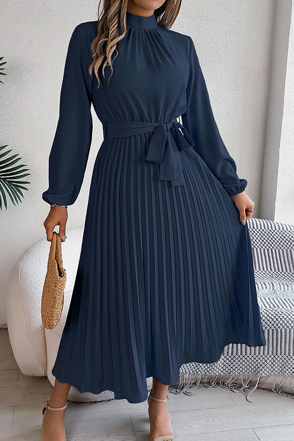 Elegant Stand-collar Long-sleeve Waisted Tie-up Pleated Midi Dress-consonak