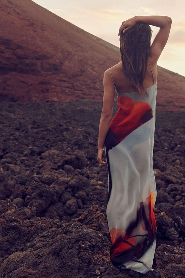 Passionate wine glass flower abstract tulip print H-shaped casual long dress-consonak