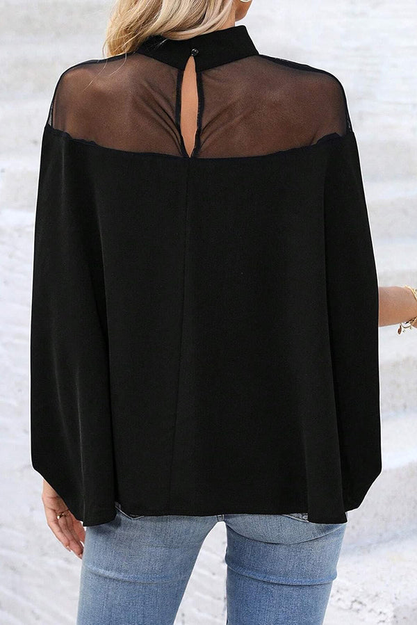 Fashionable Mesh-paneled Batwing Sleeve High-neck Loose Top-consonak