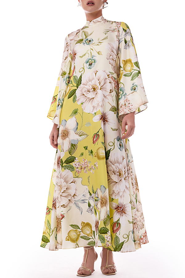 Serene Refinement Color-block Floral High Neck Long Sleeve Fluid Kaftan Maxi Dress