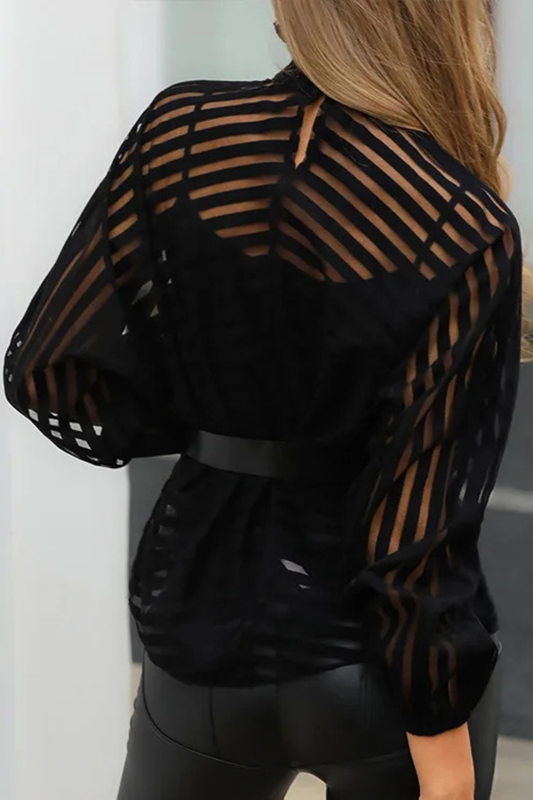 Sexy Hollow See-through Striped Stand-collar Shirt-consonak