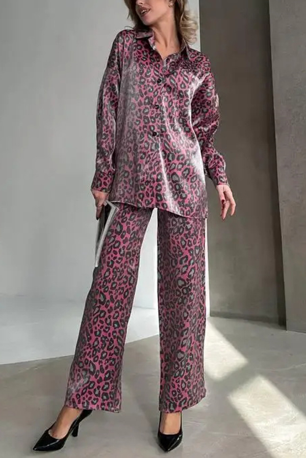 Leopard Print Long-sleeved Casual Top and Loose Elastic Waist Tie Pants Set-consonak