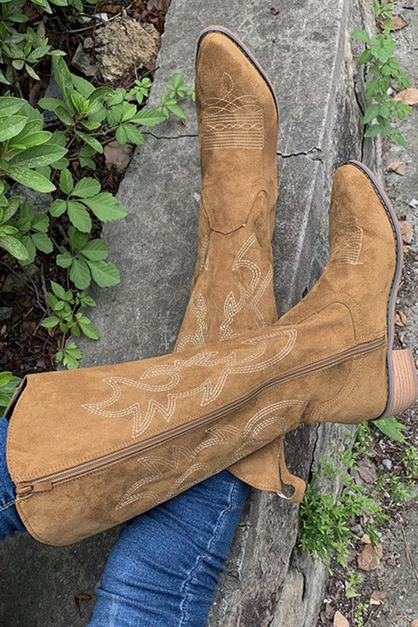 Retro Embroidered Block Heel Mid-calf Western Cowboy Martin Boots-consonak