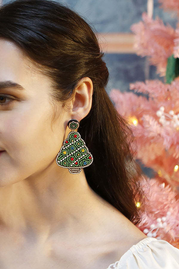 Handmade Christmas Tree Shape Beaded Earrings-consonak