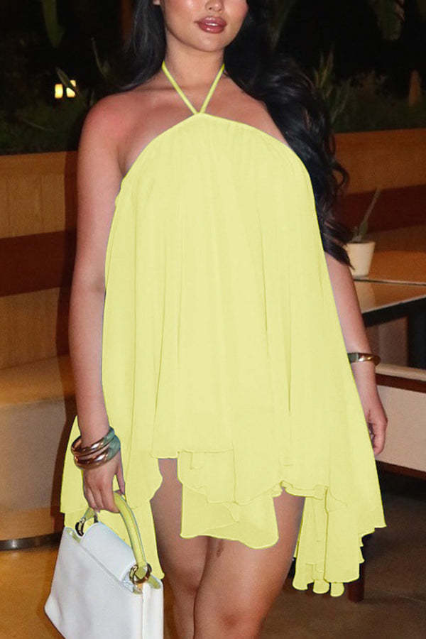 Chiffon Solid Color Halter Backless Irregular Mini Dress-consonak