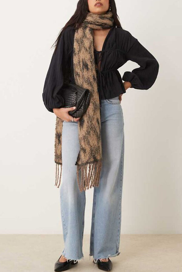 Solid Color V-neck Long-sleeved Tie-up Pleated Loose Top-consonak