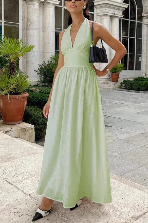 Solid Color Halter Neck Tie Elegant Backless Waist-cinching Maxi Dress | Consonak