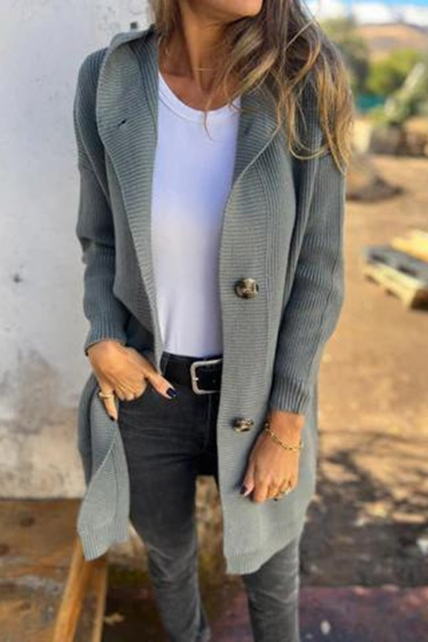 Solid Color Hooded Pocket Mid-length Knitted Cardigan-consonak