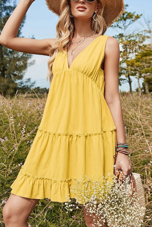 Solid Color V-neck Sleeveless Casual Loose-fitting Vacation Mini Dress | Consonak