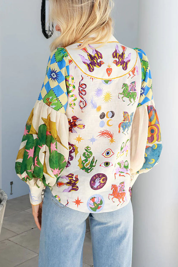 Love Frees Me Linen Blend Unique Print Balloon Sleeve Button Shirt-consonak