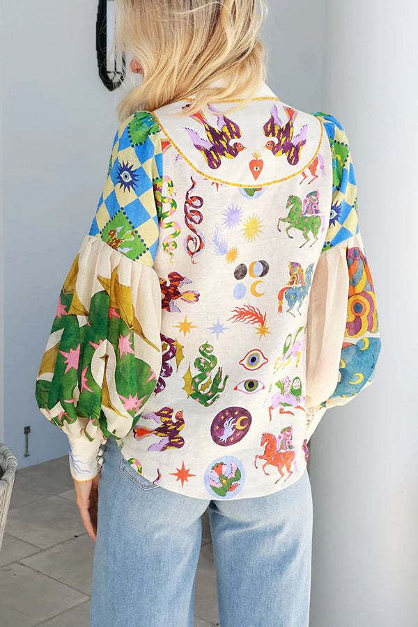 Love Frees Me Linen Blend Unique Print Balloon Sleeve Button Shirt-consonak