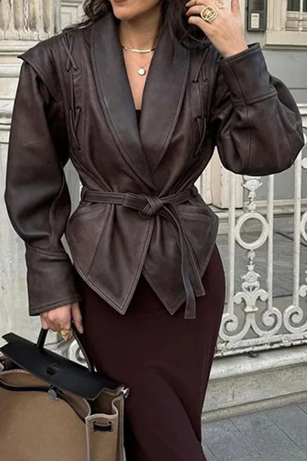 Street Warrior Faux Leather Distressed Style Lace-up Lapel Belt Oversized Jacket-consonak