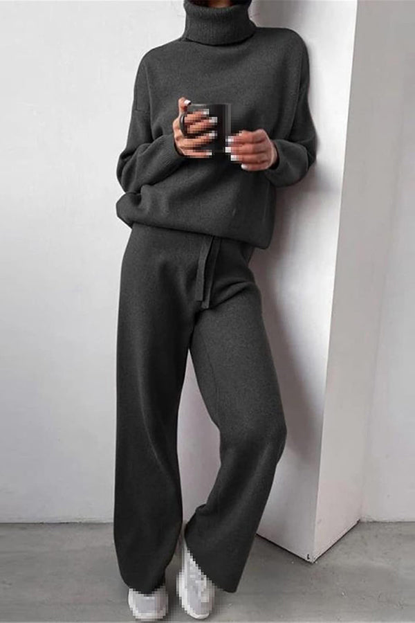 Solid Color Turtleneck Long-sleeved Knit Top and Elastic Waist Casual Pants Set-consonak