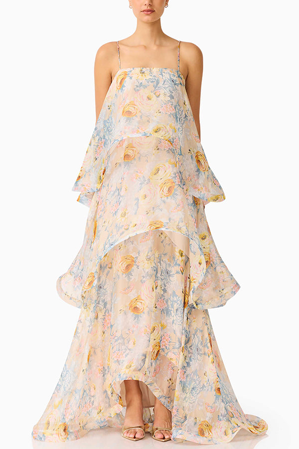 Armani Georgette Fabric Floral Print Tiered Slip Square Neck A-line Maxi Dress | Consonak