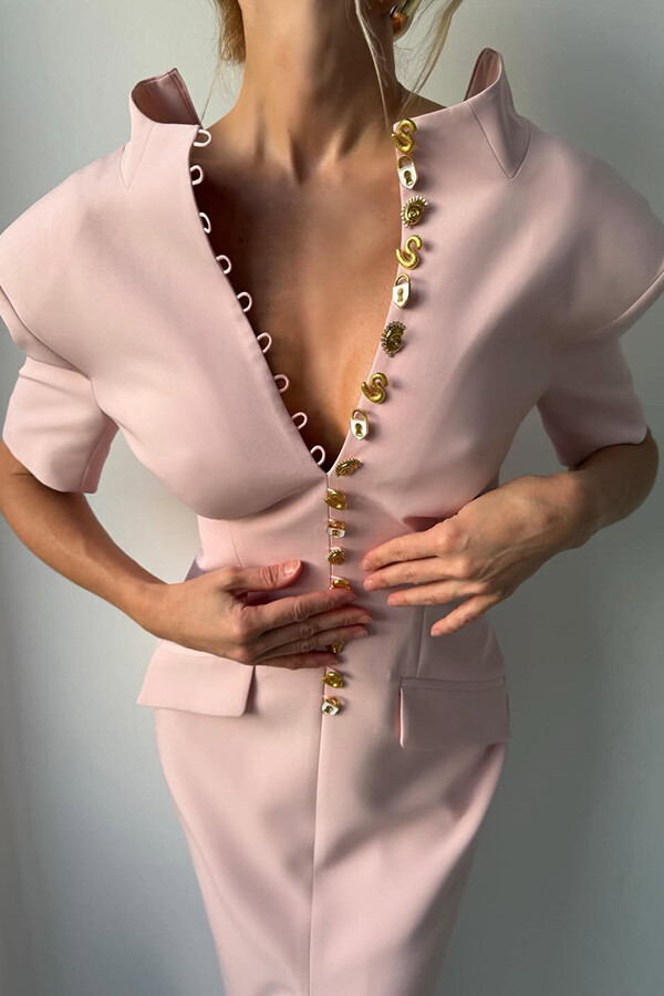 Kathy Unique Metal Pattern Buttons High Neck Short Sleeve Pencil Slit Midi Dress