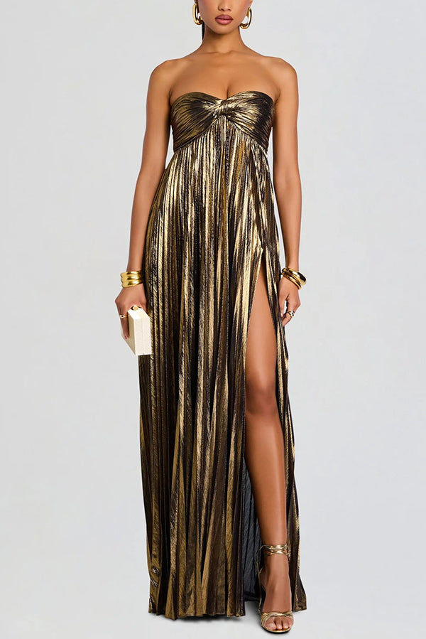 Metallic Sexy Tube Top Pleated High Slit Maxi Dress-consonak