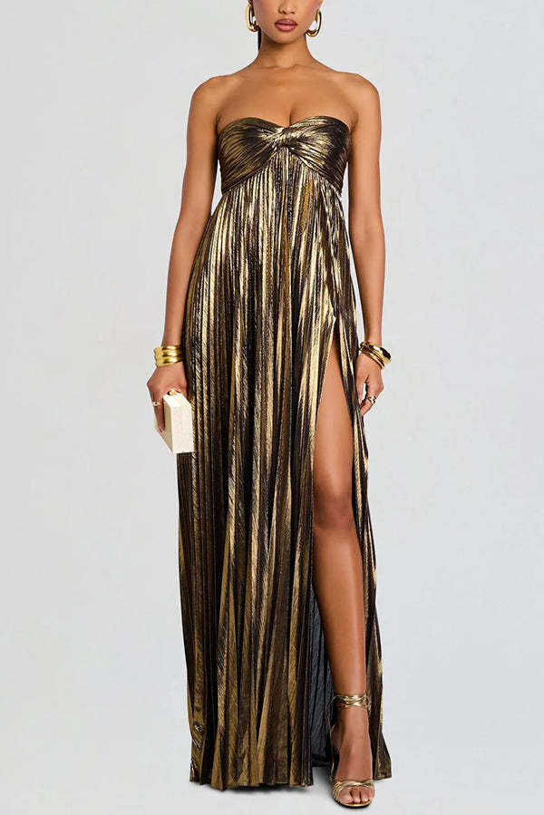Metallic Sexy Tube Top Pleated High Slit Maxi Dress-consonak