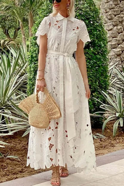 Dubai Style Floral Crochet Lace Short Sleeve Tie-up Shirt Maxi Dress-consonak