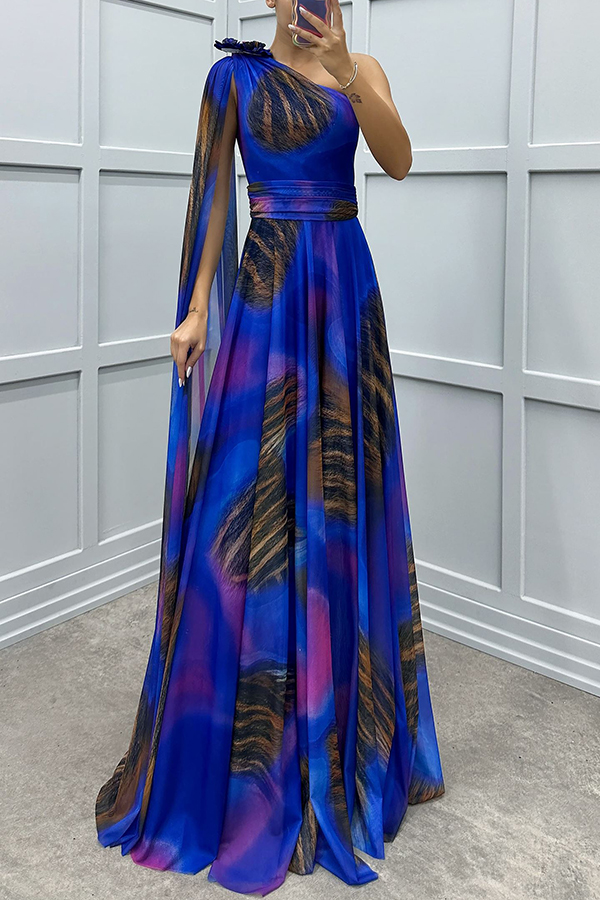Lucia Unique Print Floral Detail One Shoulder Draped Sleeve Gown Maxi Dress | Consonak