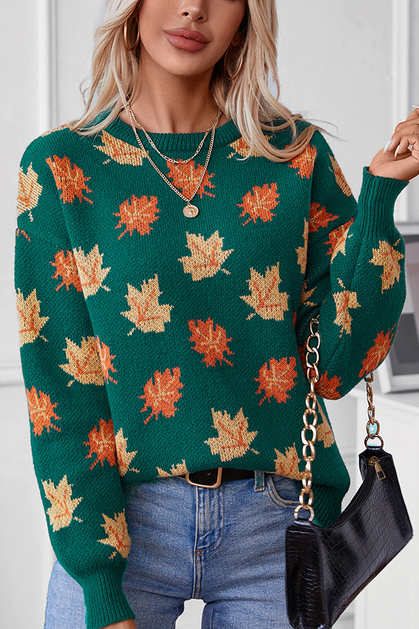 Maple Leaf Pattern Casual Loose Knitted Sweater-consonak
