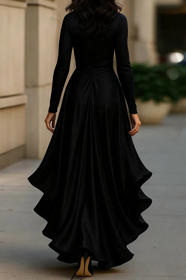 Solid Color Satin V-neck Long-sleeved Elegant Ruffled Maxi Dress | Consonak