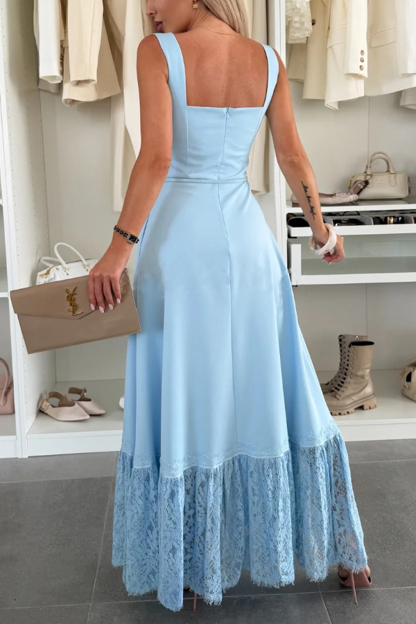 Solid Color Square Neck Sleeveless Fitted Waist Elegant Lace Hem Maxi Dress