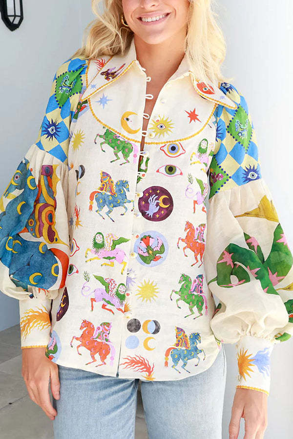 Love Frees Me Linen Blend Unique Print Balloon Sleeve Button Shirt-consonak