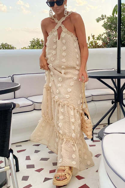 Sweet By The Sea Flower Decor Halter Party Maxi Dress-consonak