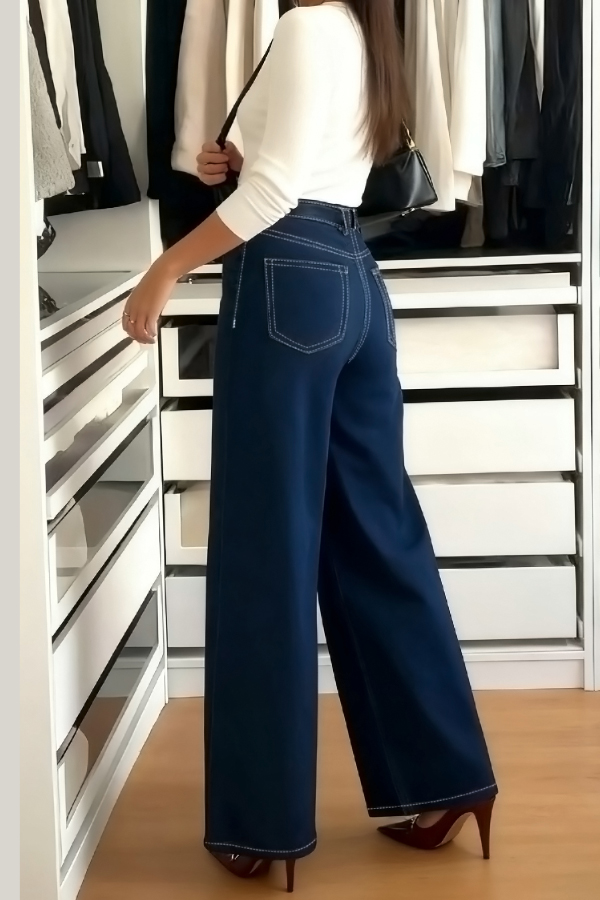 Stylish High-waisted Pocket Casual Straight-leg Wide-leg Jeans-consonak