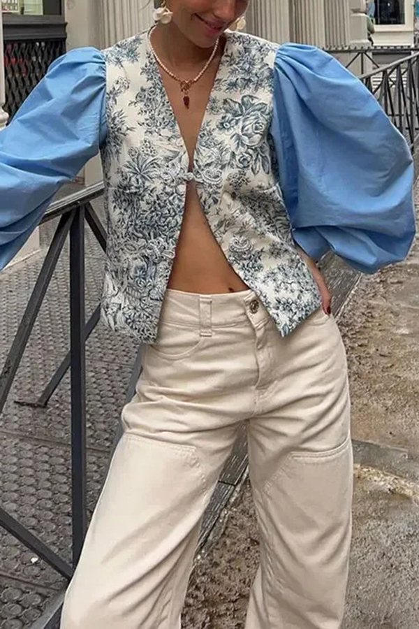 Botanical Print V-neck Patchwork Long-sleeved Top-consonak