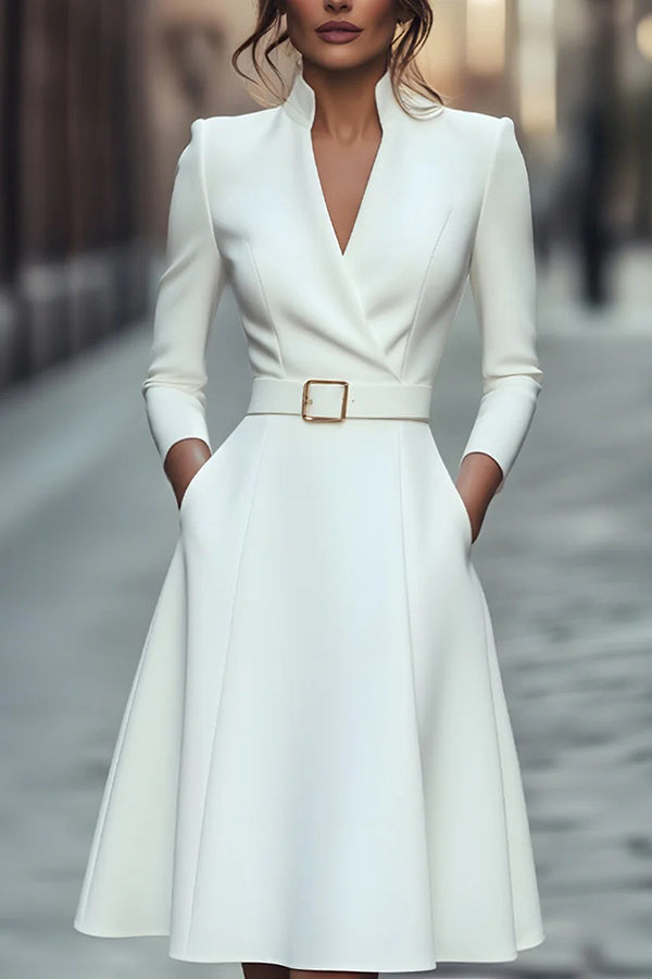 Solid Color V-neck Fitted Waist Long Sleeve Elegant Midi Dress-consonak