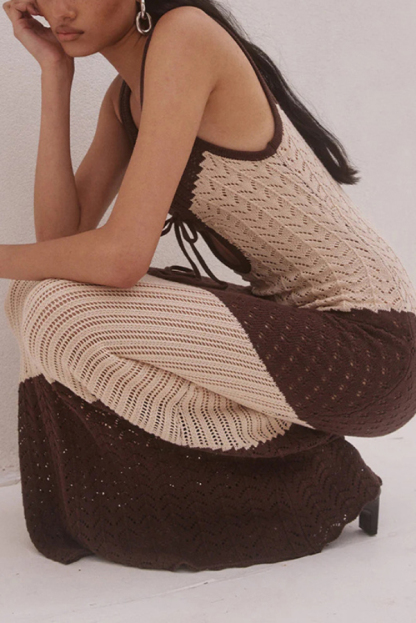 Fashionable Color-blocked Openwork Knit Slim-fit Maxi Dress-consonak