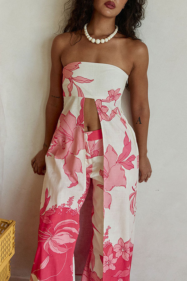 Flora Sunset Linen Blend Printed Front Slit Strapless Midi Top and High Rise Pocket Loose Pants Set