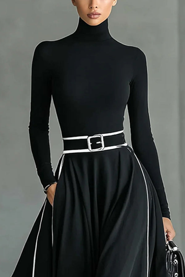 Stylish Color-blocked Trim High-neck Long-sleeved Casual Pockets Maxi Dress-consonak