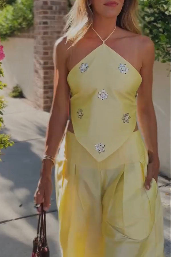 Jamie Satin Sparkling Flowers Halter Backless Tank and High Rise Pocket Wide Leg Pants Set