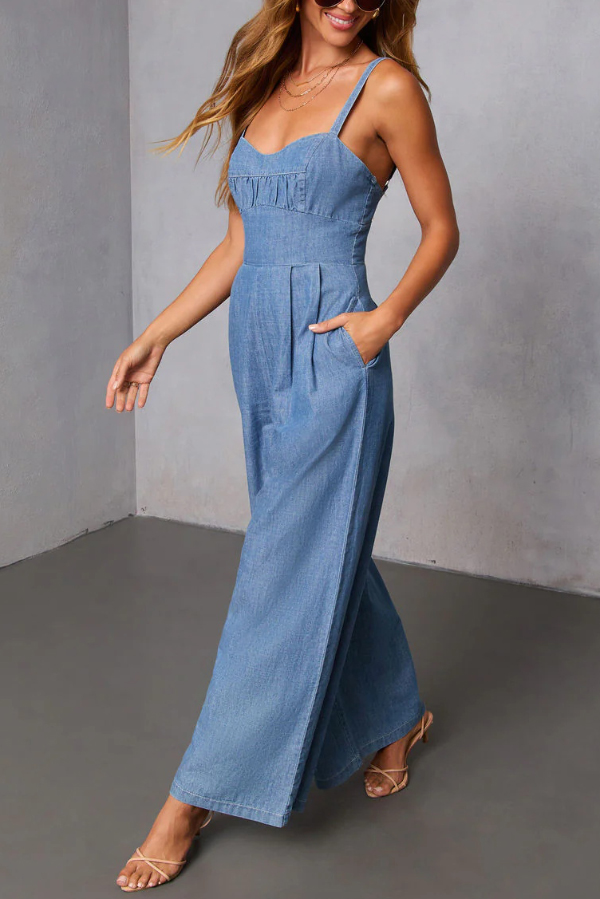 Solid Color Sleeveless Backless Casual Pocket Faux Denim Wide-leg Jumpsuit