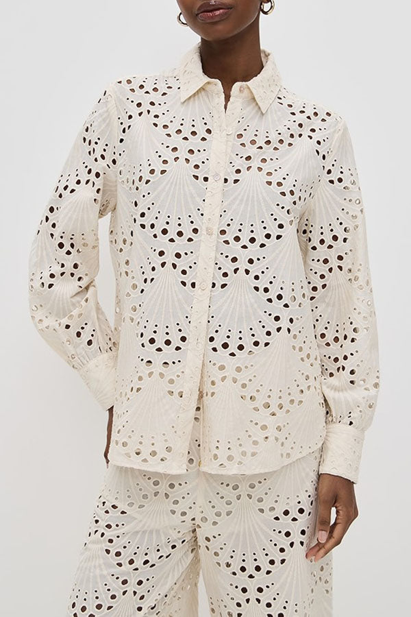 Lillah Embroidered Lace Shell Pattern Long Sleeve Loose Blouse-consonak