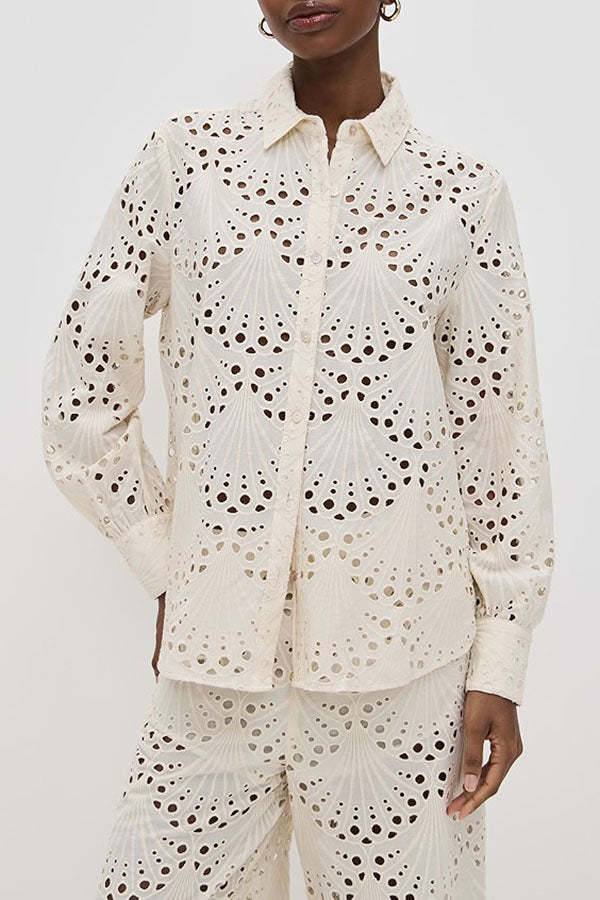 Lillah Embroidered Lace Shell Pattern Long Sleeve Loose Blouse-consonak