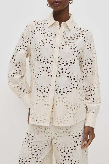 Lillah Embroidered Lace Shell Pattern Long Sleeve Loose Blouse-consonak