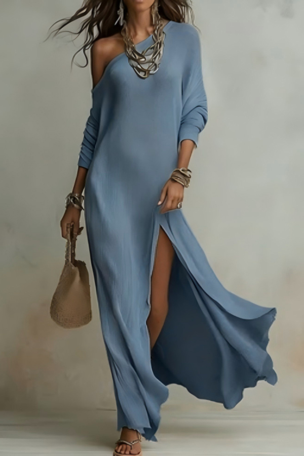 Solid Color Loose-fitting Slant Collar Long-sleeved Casual Slits Maxi Dress With