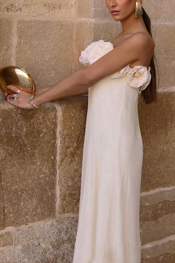 Blooming Chic Flower Applique Elastic Off Shoulder Strapless Maxi Dress-consonak