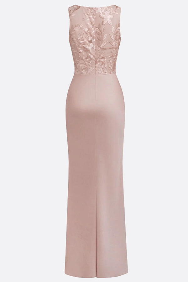 Vera Mesh Embroidery Satin Ruched Crew Neck Sleeveless Gown Maxi Dress-consonak