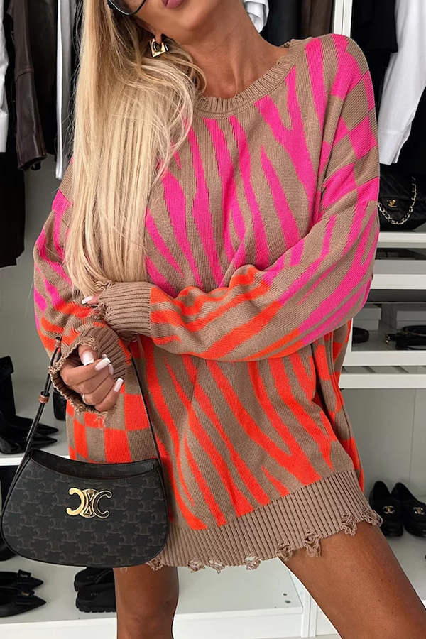 Fashionable Knit Zebra Geometric Pattern Frayed Hem Loose Sweater | Consonak