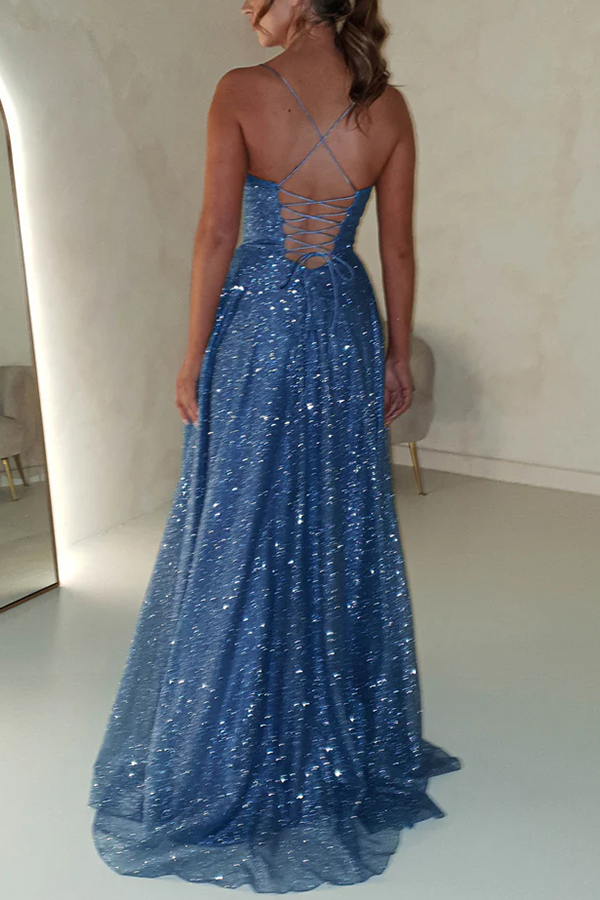 Cinderella Glitter Tulle Fabric Cowl Neck Back Lace-up Pocketed Slit Maxi Dress-consonak