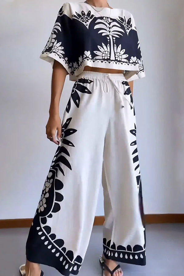 Exotic Holiday Ethnic Print Loose Top and Elastic Waist Wide Leg Pants Set-consonak