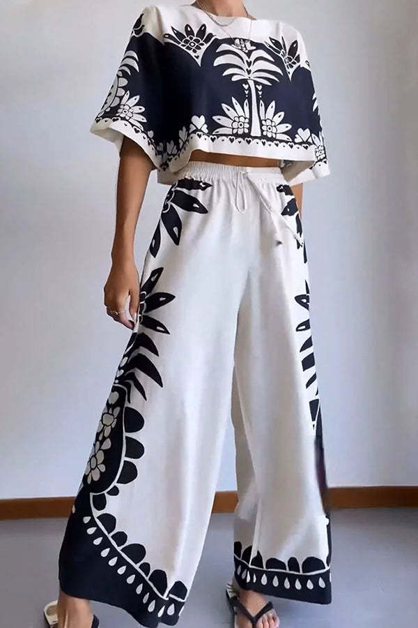 Exotic Holiday Ethnic Print Loose Top and Elastic Waist Wide Leg Pants Set-consonak