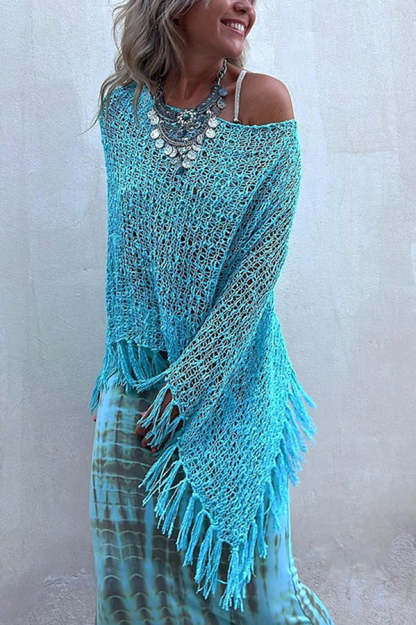Sunset Breeze Hollow Out Tassel Knit Cover-up Top-consonak