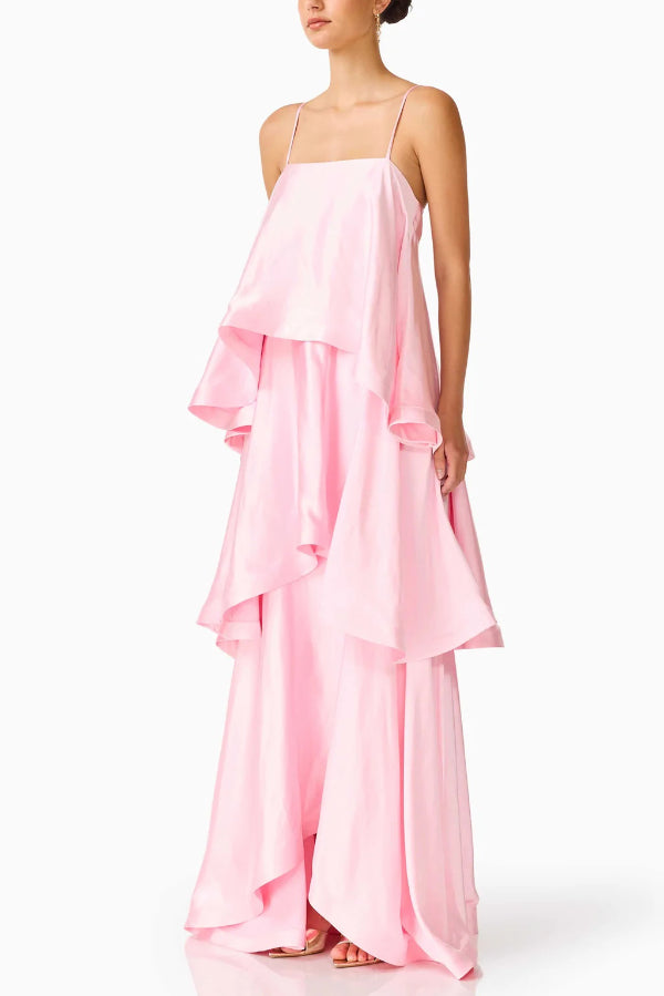 Soft and Smooth Satin Tiered Slip Square Neck A-line Maxi Dress